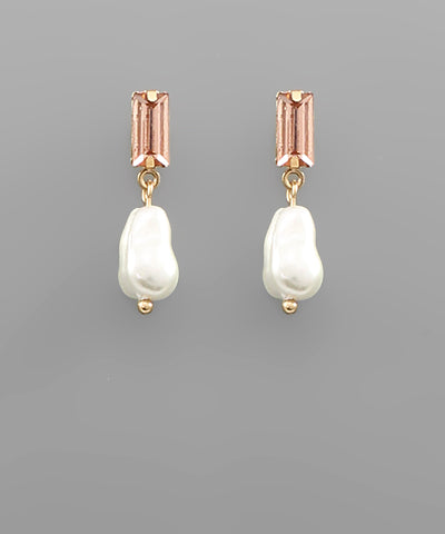 Pearl & Baguette Stone Earrings -peach